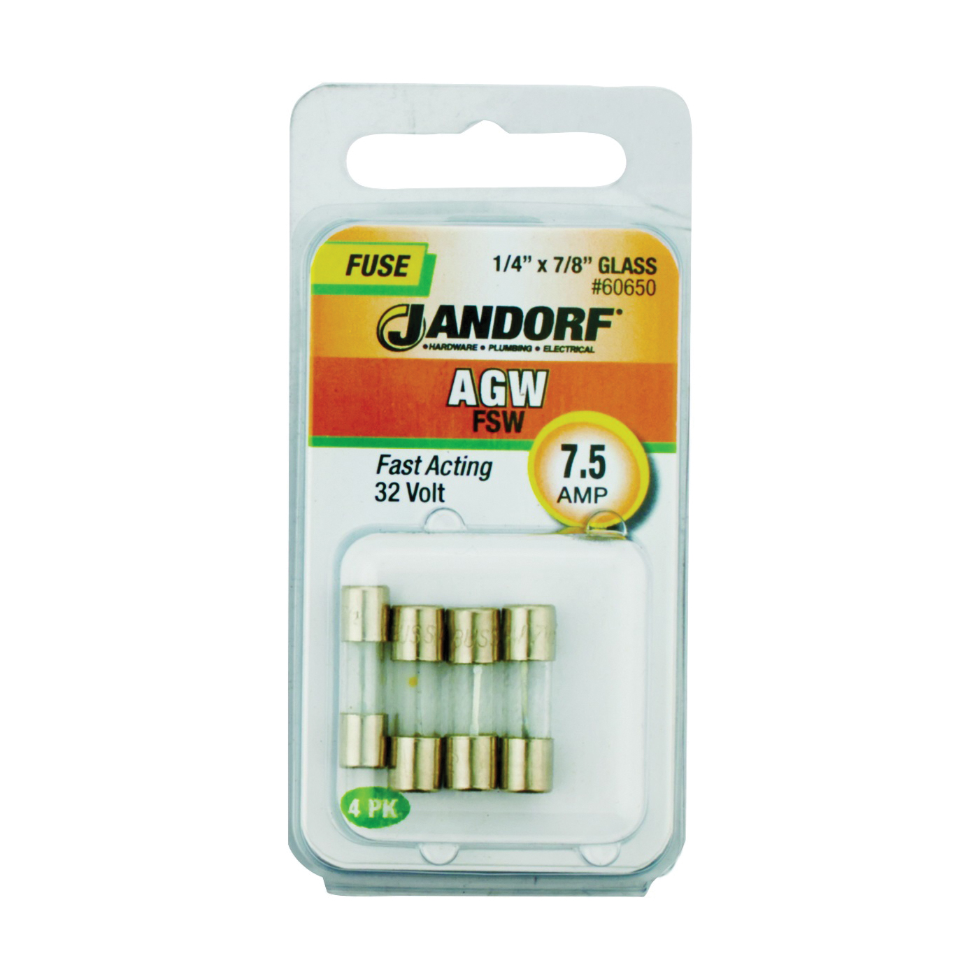 JANDORF AGW Series 60650 Fast Acting Fuse, 7.5 A, 32 V, 10 kA Interrupt, Glass Body, Fast-Acting Fuse