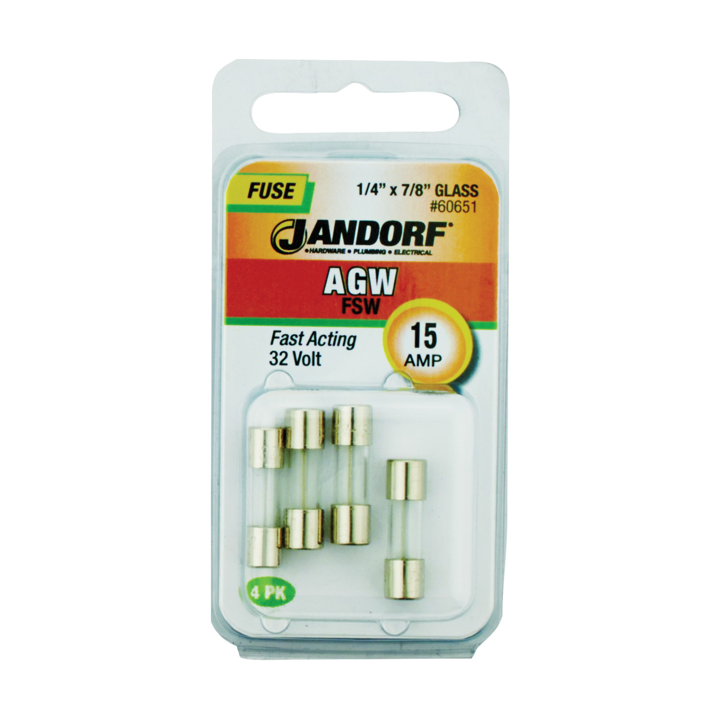JANDORF AGW Series 60651 Fast Acting Fuse, 15 A, 32 V, 10 kA Interrupt, Glass Body, AGW, Fast-Acting Fuse