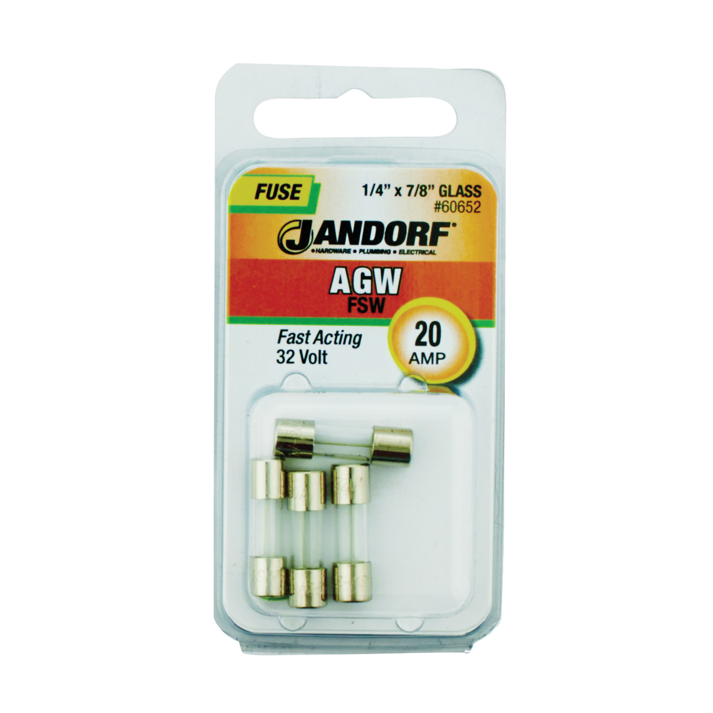 JANDORF AGW Series 60652 Fast Acting Fuse, 20 A, 32 V, 10 kA Interrupt, Glass Body, Fast-Acting Fuse