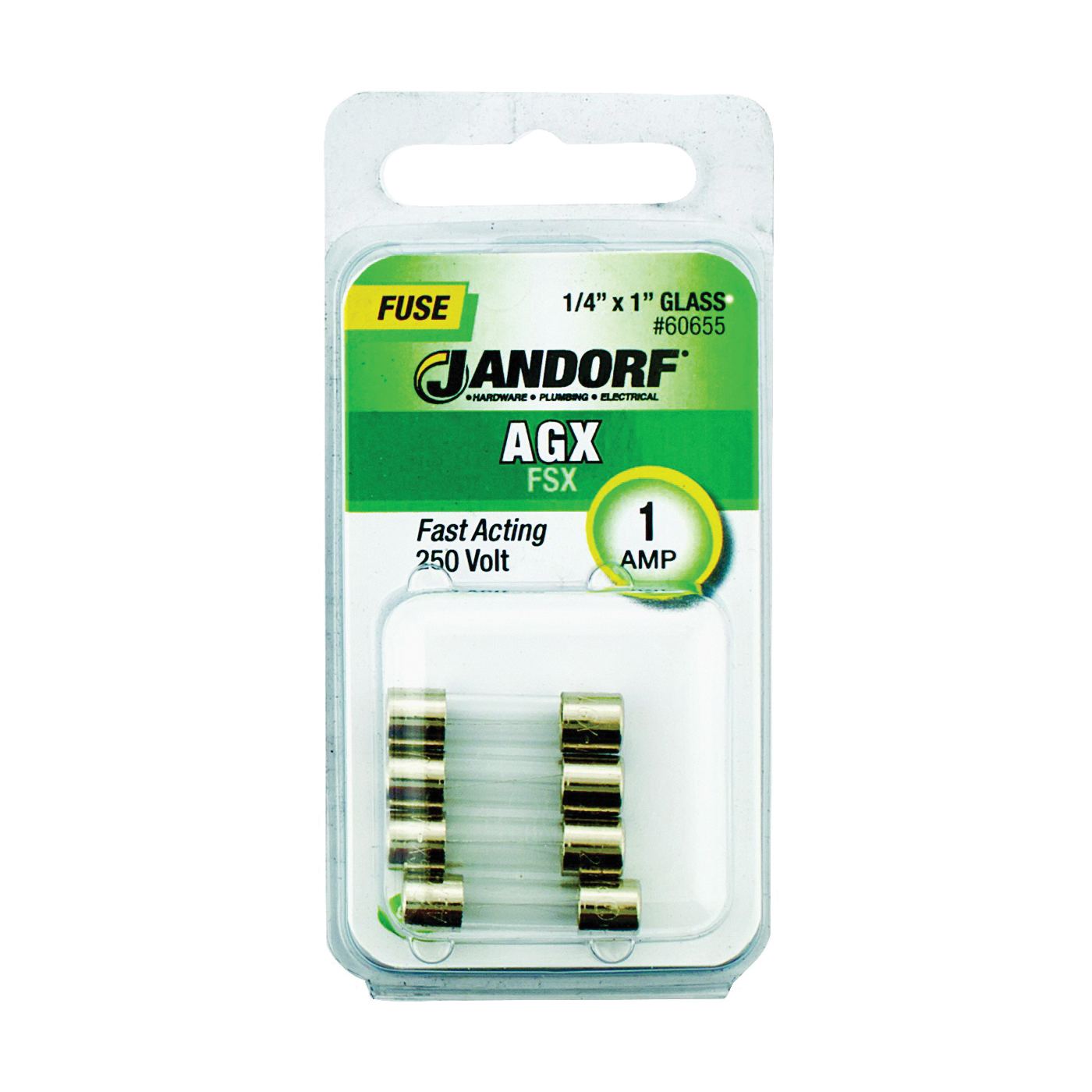 JANDORF AGX Series 60655 Fast Acting Fuse, 1 A, 250 V, 35 A, 10 kA Interrupt, Glass Body, AGX
