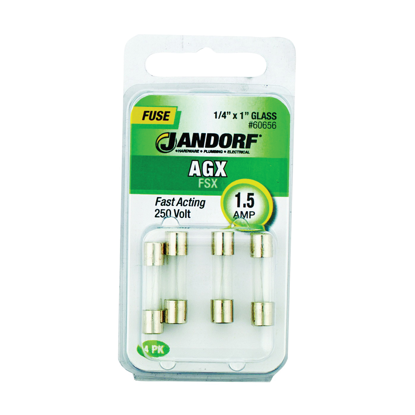 JANDORF AGX Series 60656 Fast Acting Fuse, 1.5 A, 250 V, 100 A, 10 kA Interrupt, Glass Body, Fast-Acting Fuse
