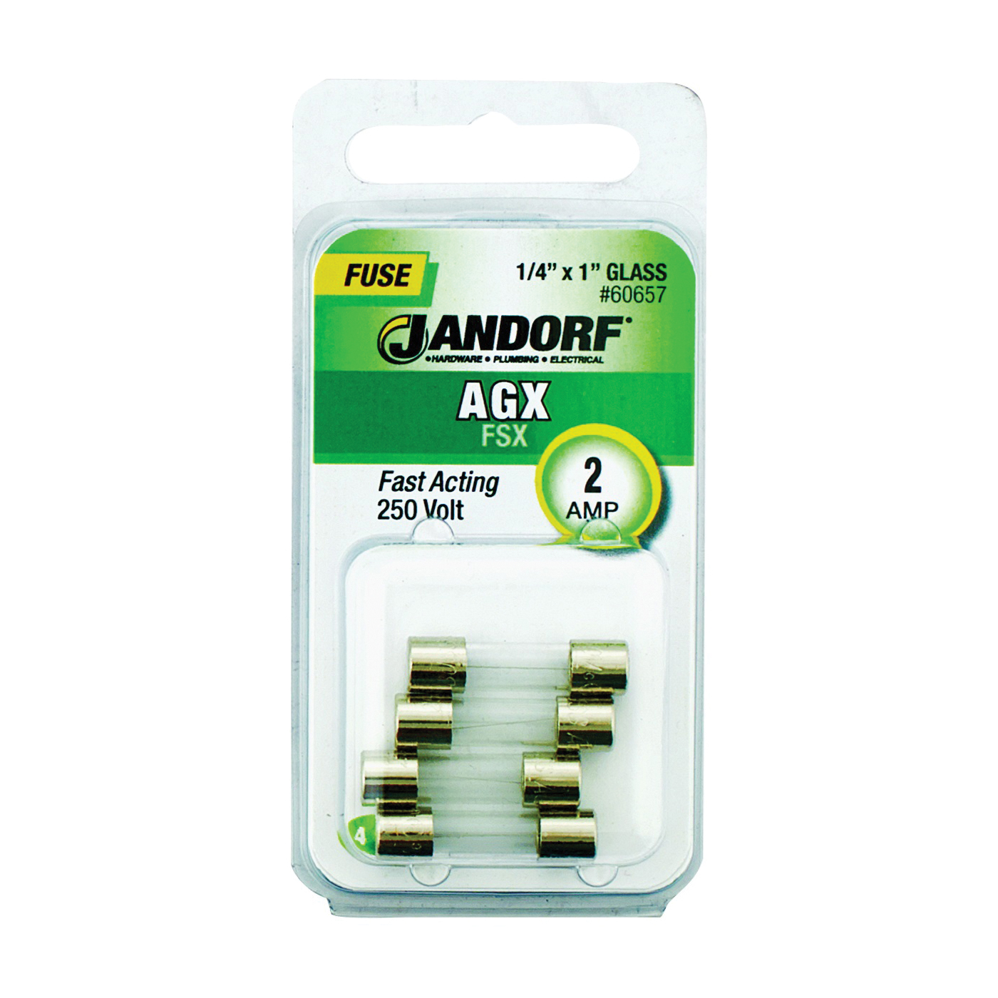 JANDORF AGX Series 60657 Fast Acting Fuse, 2 A, 250 V, 100 A, 10 kA Interrupt, Glass Body