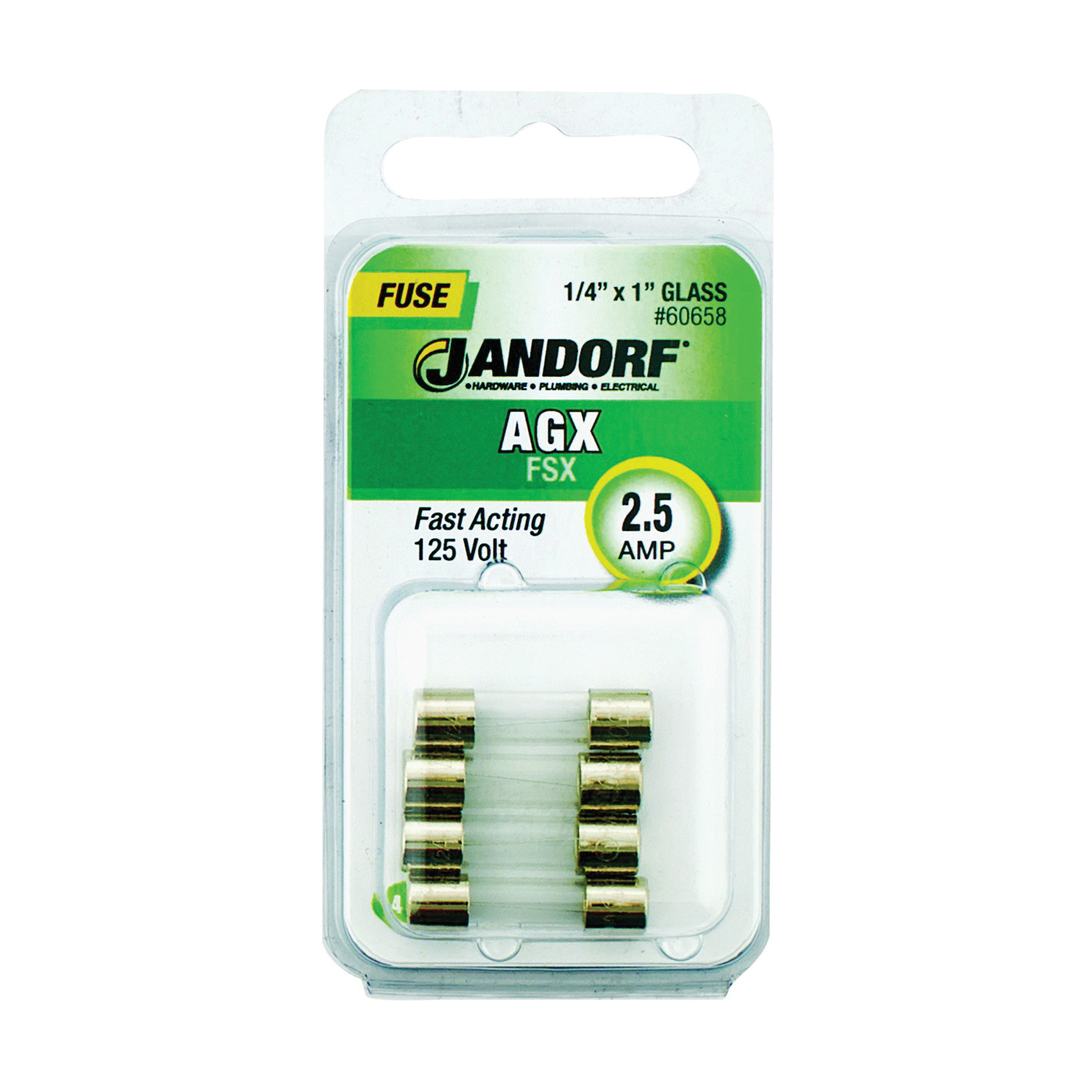 JANDORF AGX Series 60658 Fast Acting Fuse, 2.5 A, 125 V, 100 A, 10 kA Interrupt, Glass Body, Fast-Acting Fuse