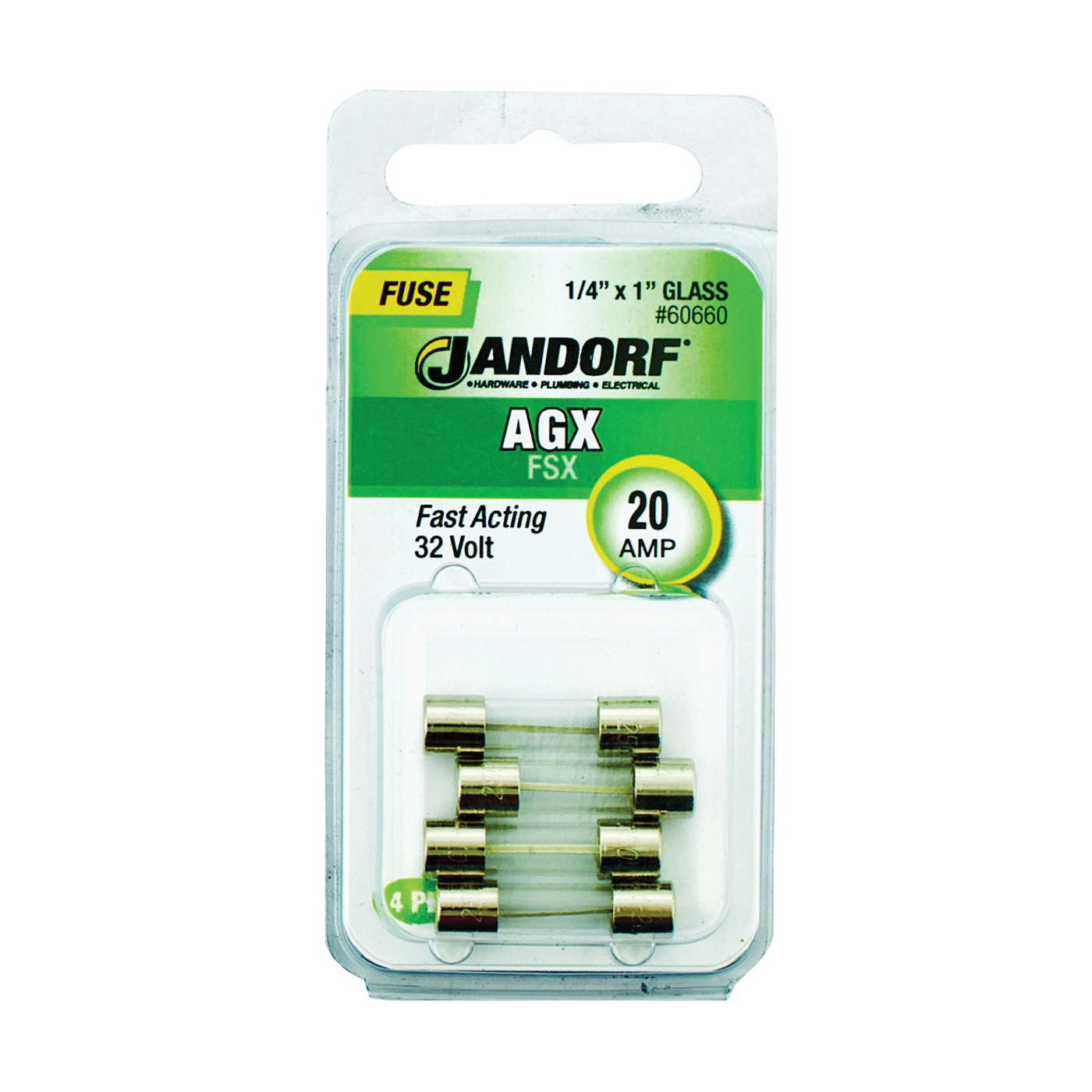 JANDORF AGX Series 60660 Fast Acting Fuse, 20 A, 32 V, 200, 1000 A Interrupt, Glass Body, Fast-Acting Fuse