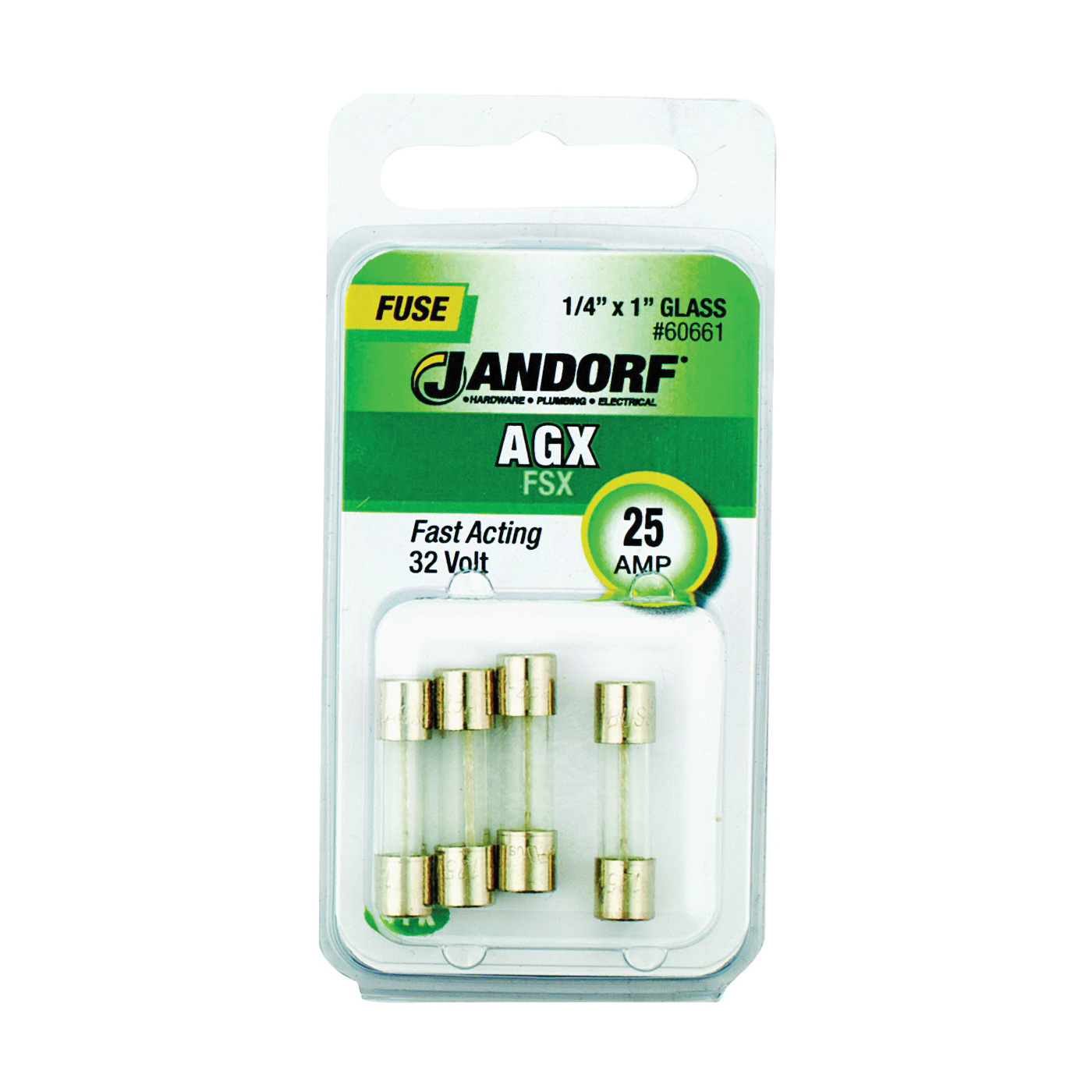 JANDORF AGX Series 60661 Fast Acting Fuse, 25 A, 32 V, 100, 1000 A Interrupt, Glass Body, AGX, Fast-Acting Fuse