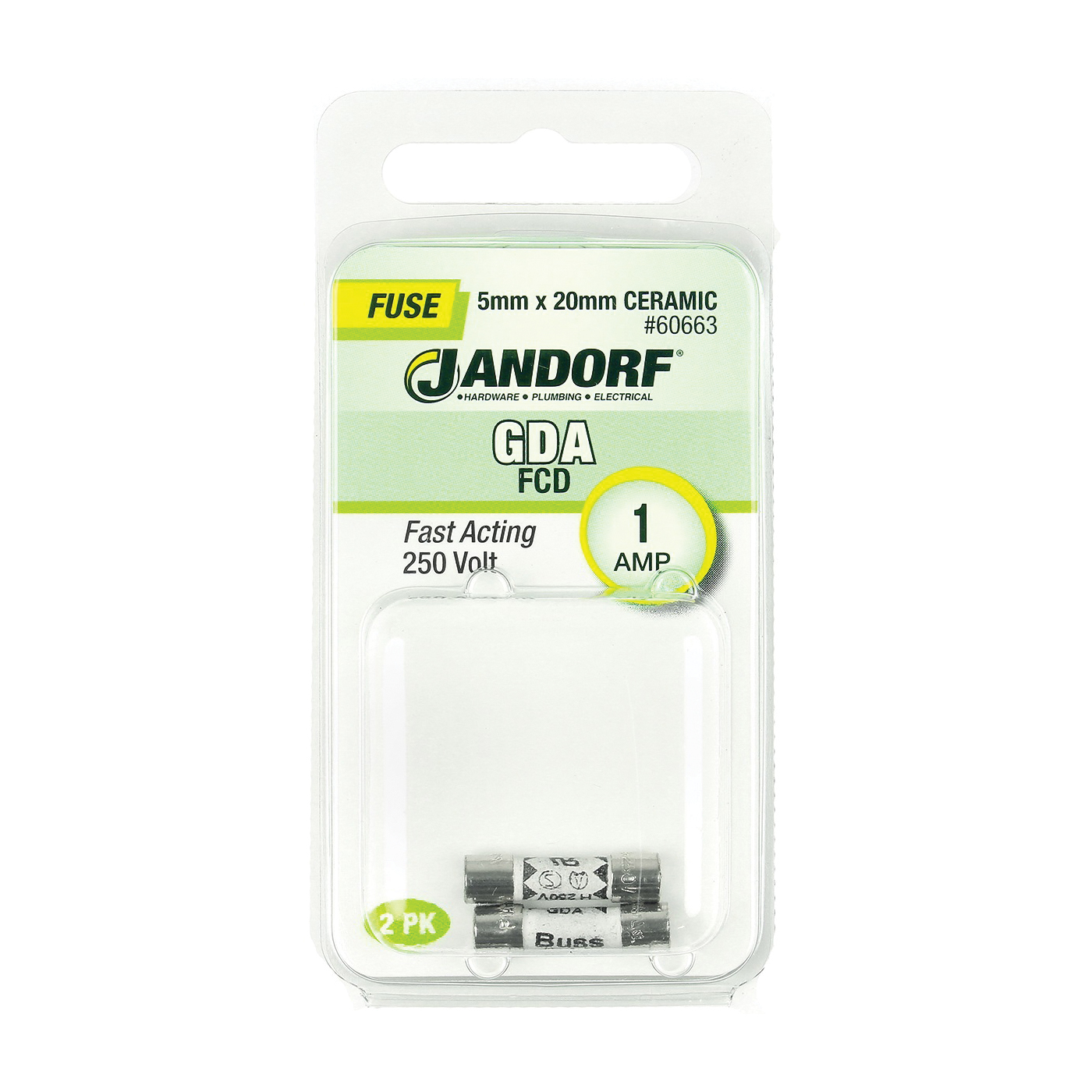 JANDORF GDA Series 60663 Fast Acting Fuse, 1 A, 250 V, 1500 A Interrupt, Ceramic Body, Fast-Acting Fuse