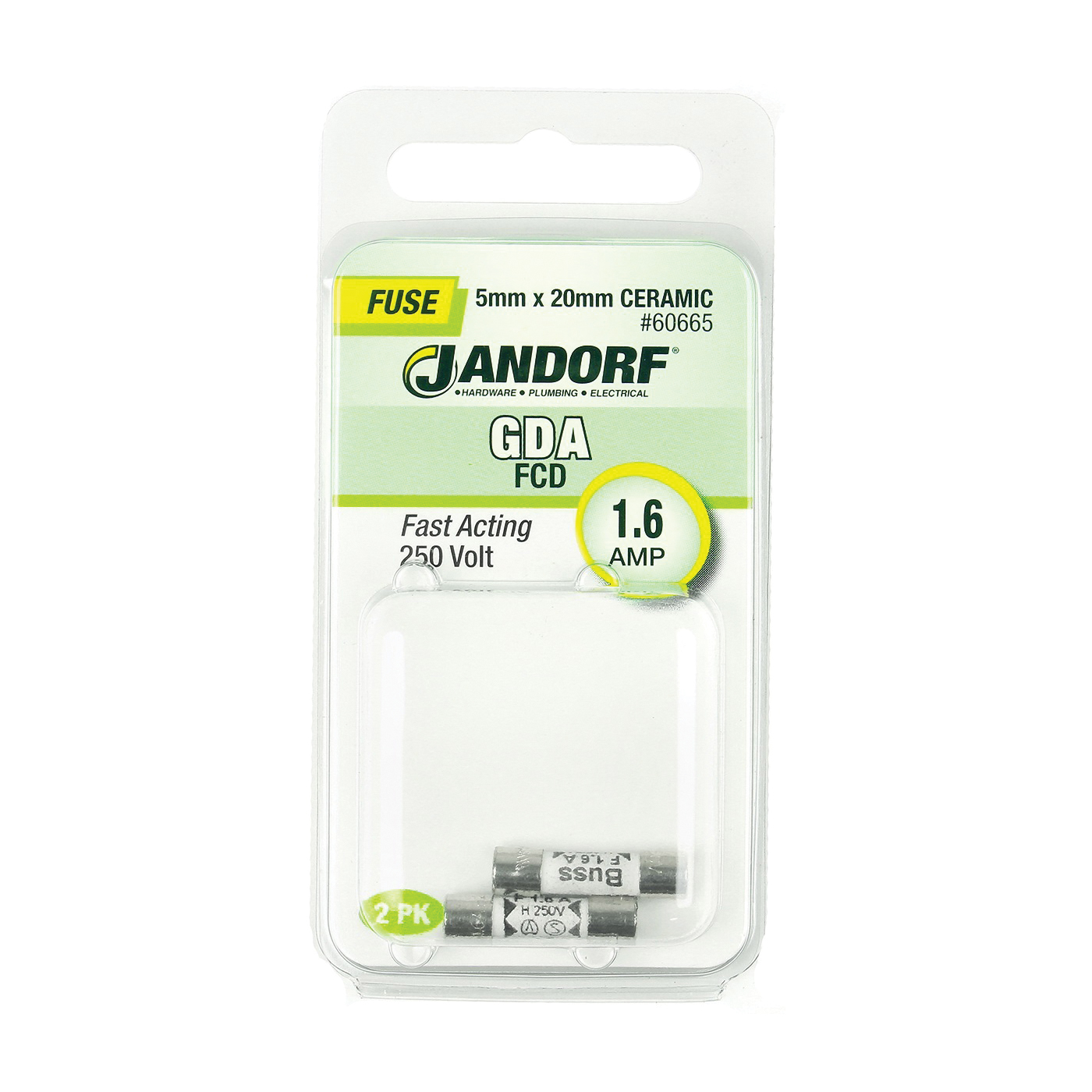 JANDORF GDA Series 60665 Fast Acting Fuse, 1.6 A, 250 V, 1500 A Interrupt, Ceramic Body, GDA, Fast-Acting Fuse