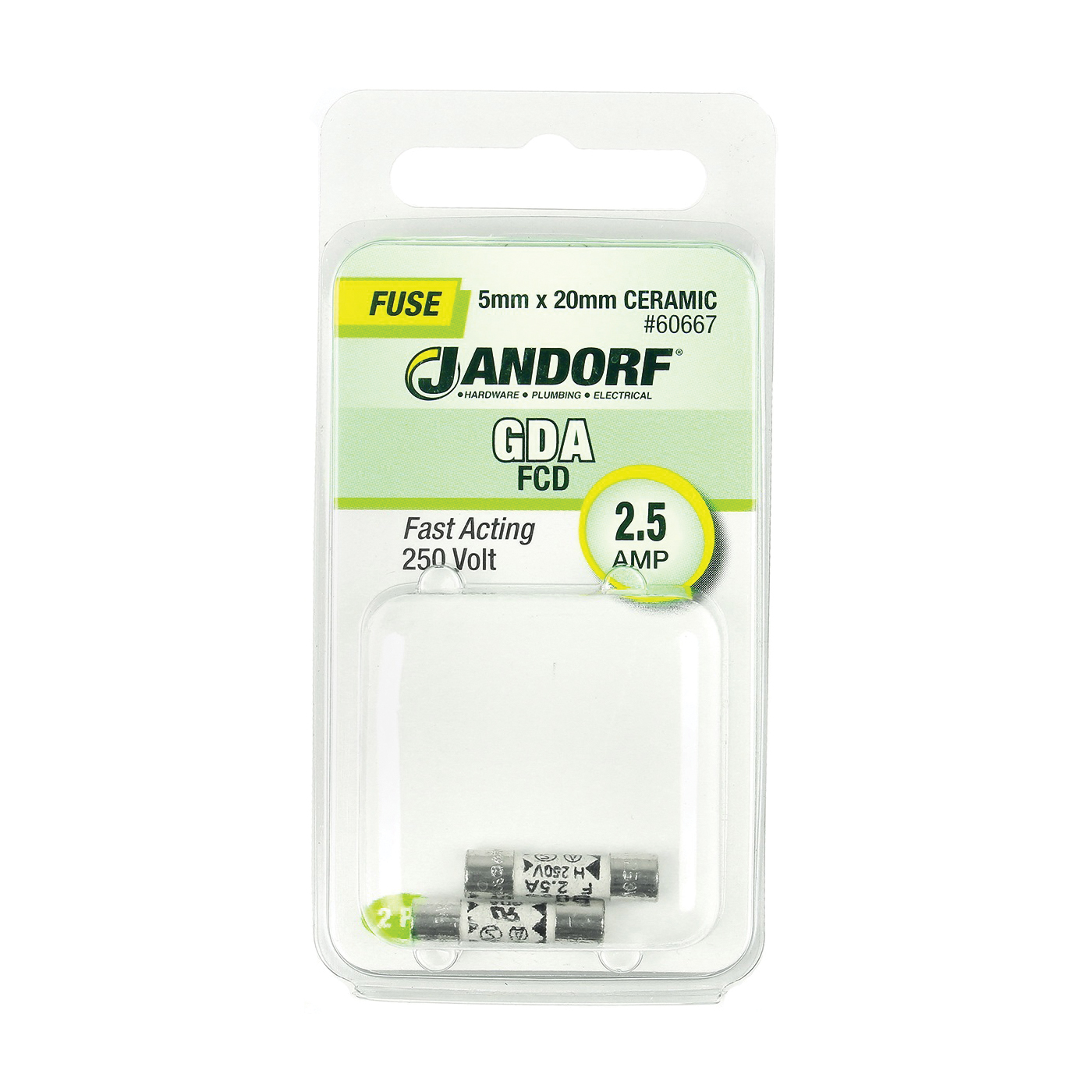 JANDORF GDA Series 60667 Fast Acting Fuse, 2.5 A, 250 V, 1500 A Interrupt, Ceramic Body, GDA