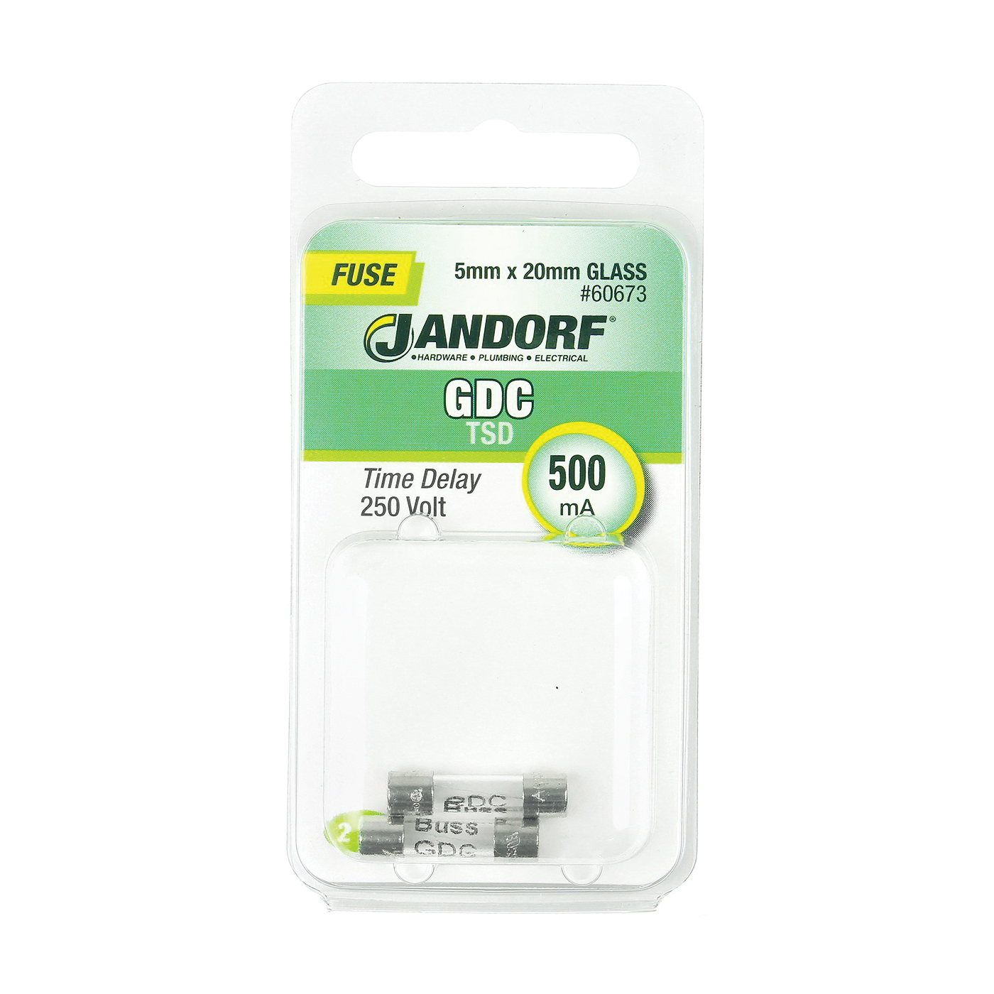 JANDORF GDC Series 60673 Time Delay Fuse, 500 mA, 250 V, 35 A Interrupt, Glass Body