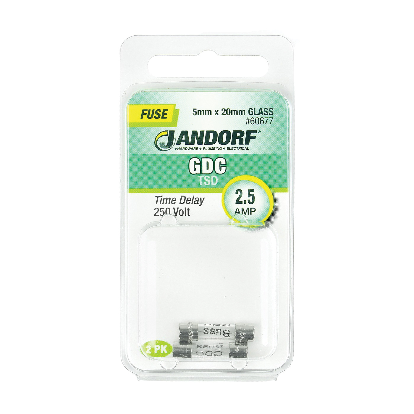 JANDORF GDC Series 60677 Time Delay Fuse, 2.5 A, 250 V, 35 A Interrupt, Glass Body, Time Delay Fuse