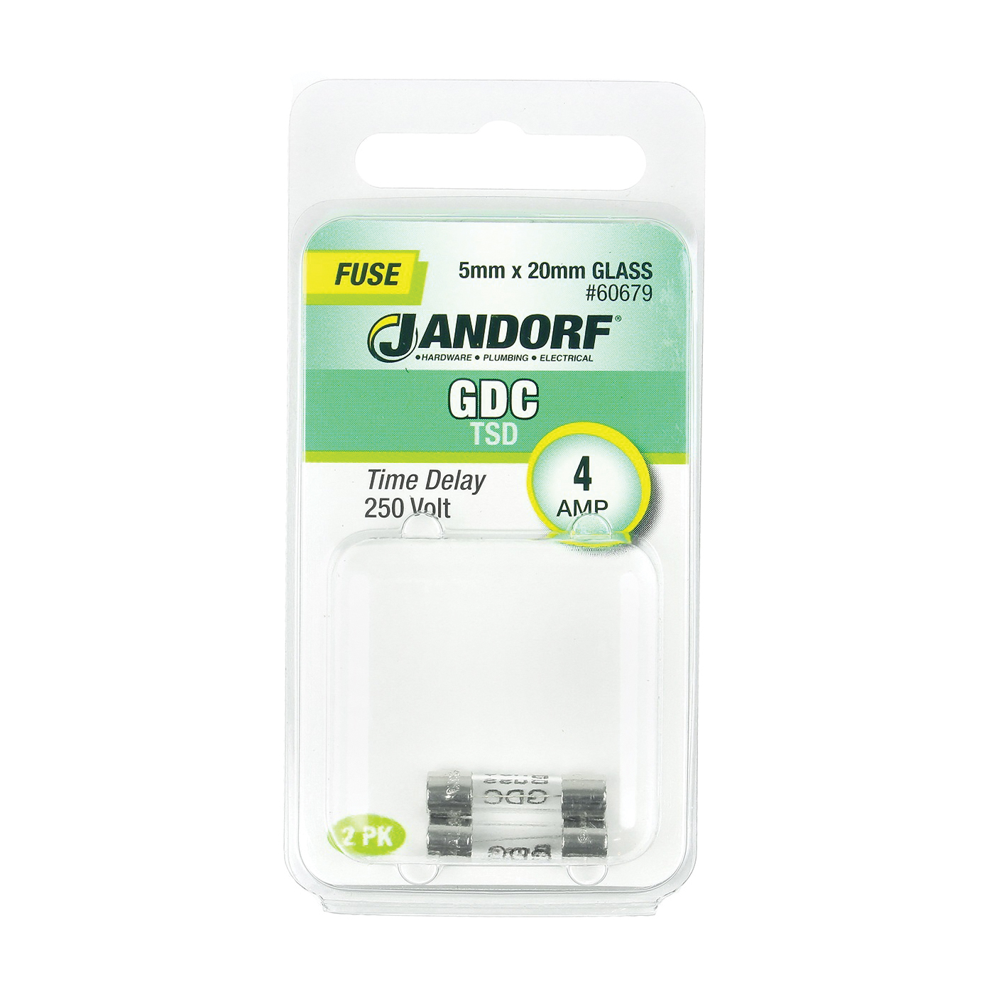 JANDORF GDC Series 60679 Time Delay Fuse, 4 A, 250 V, 40 A Interrupt, Glass Body, Time Delay Fuse