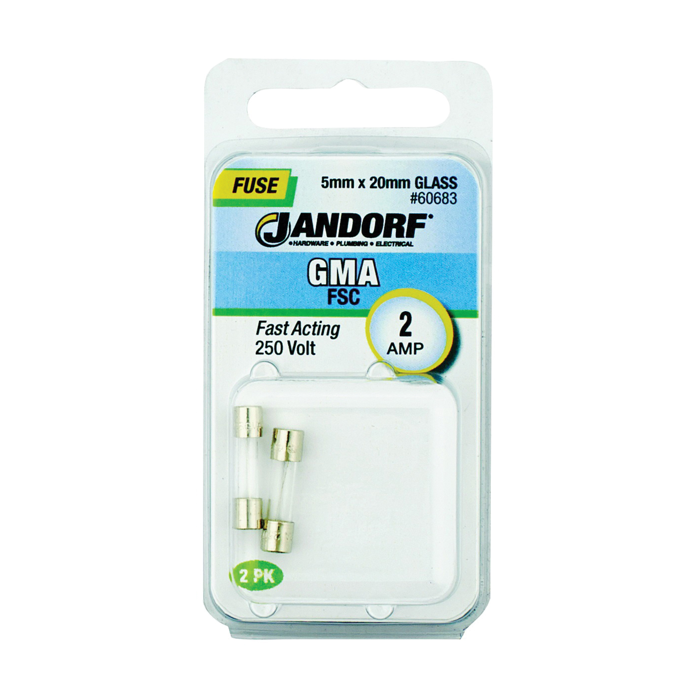 60683 Cartridge Fast Acting Fuse, 2 A, 250 V, 100 A, 10 kA Interrupt, Glass Body