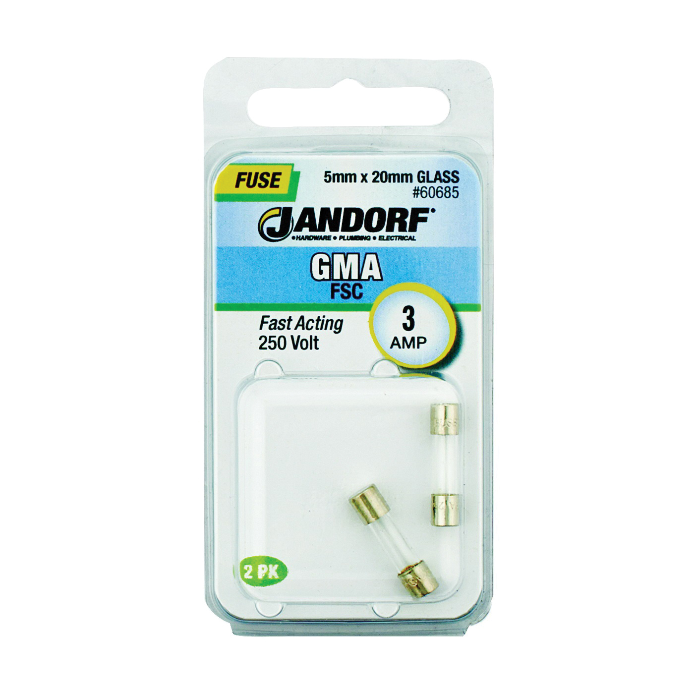 60685 Cartridge Fast Acting Fuse, 3 A, 250 V, 100 A, 10 kA Interrupt, Glass Body