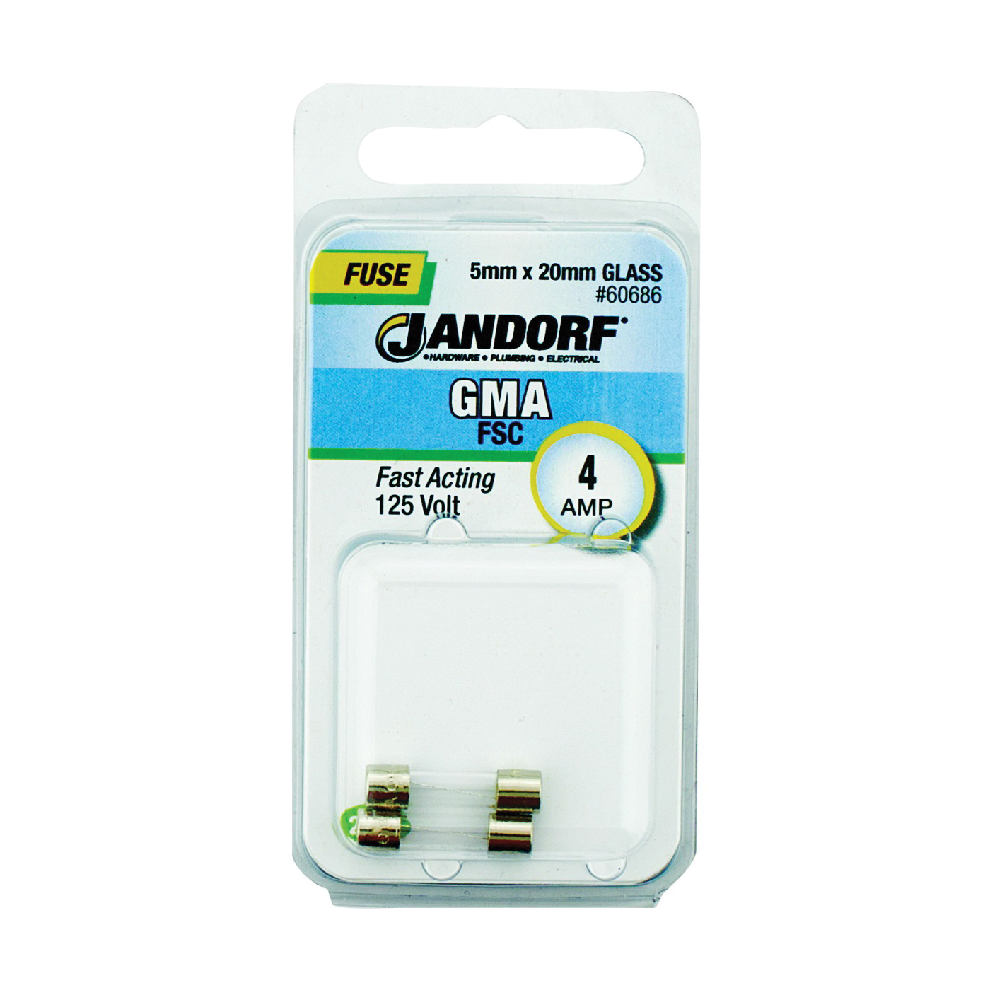60686 Cartridge Fast Acting Fuse, 4 A, 125 V, 10 kA Interrupt, Glass Body