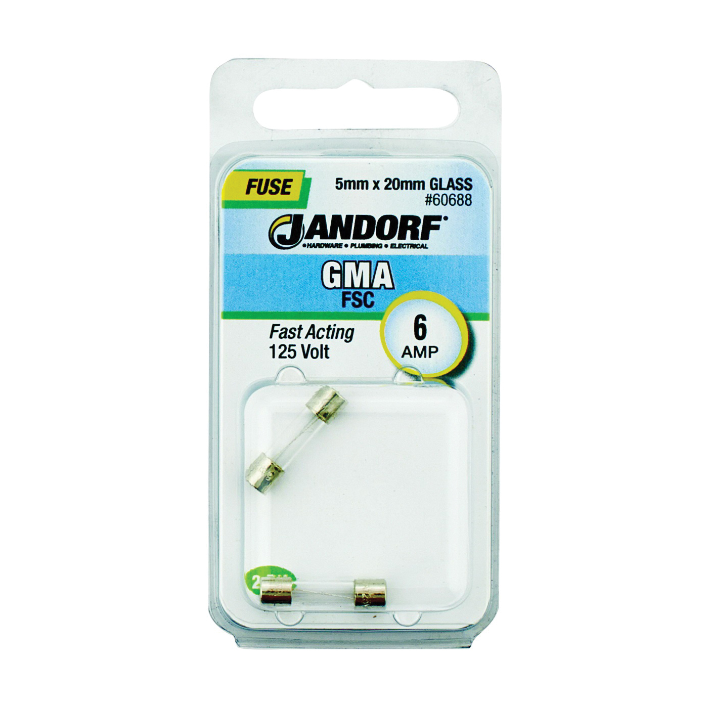 60688 Cartridge Fast Acting Fuse, 6 A, 125 V, 10 kA Interrupt, Glass Body