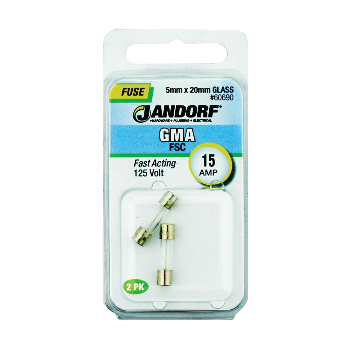 60690 Cartridge Fast Acting Fuse, 15 A, 125 V, 150 A Interrupt, Glass Body