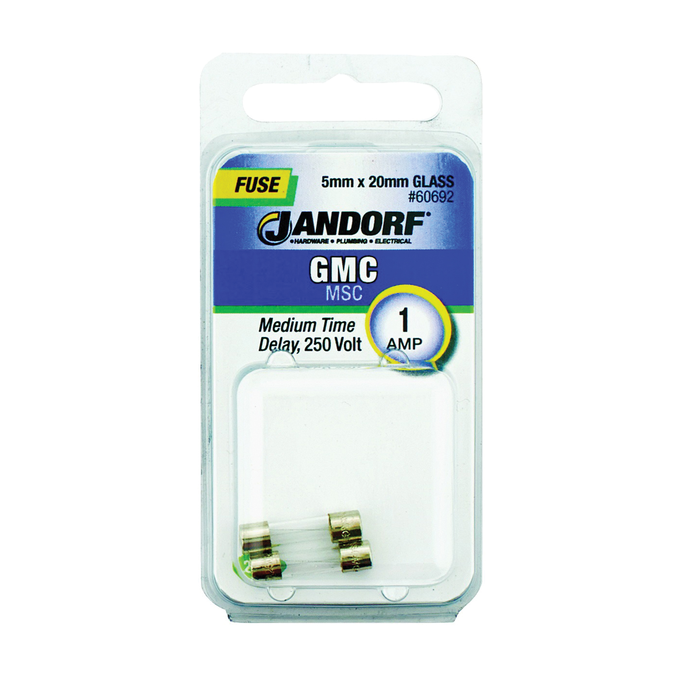 JANDORF GMC Series 60692 Time Delay Fuse, 1 A, 250 V, 35 A, 10 kA Interrupt, Glass Body, Medium Time Delay Fuse