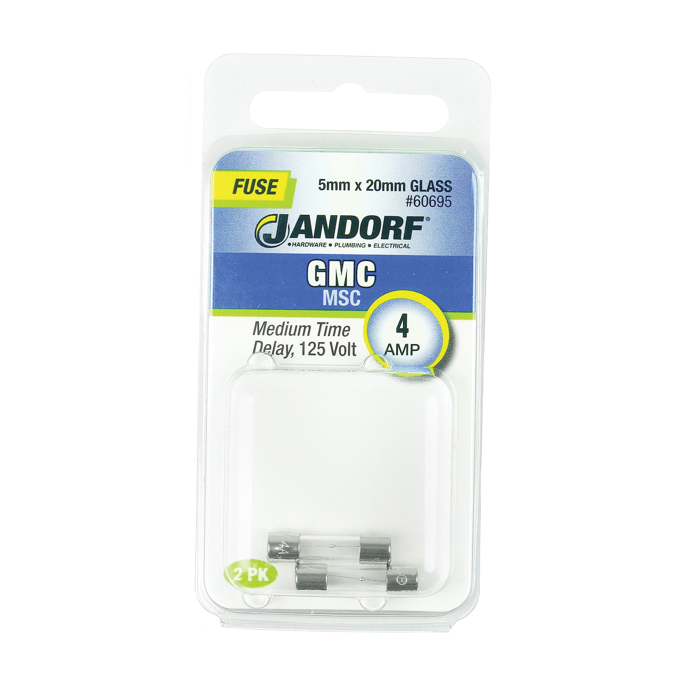 JANDORF GMC Series 60695 Time Delay Fuse, 4 A, 125 V, 10 kA Interrupt, Glass Body, Medium Time Delay Fuse