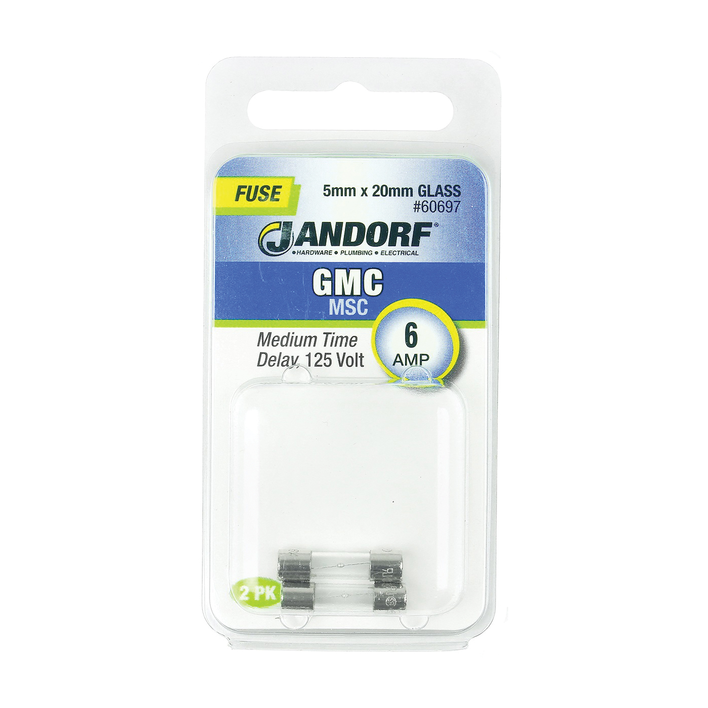 JANDORF GMC Series 60697 Time Delay Fuse, 6 A, 125 V, 10 kA Interrupt, Glass Body, Medium Time Delay Fuse