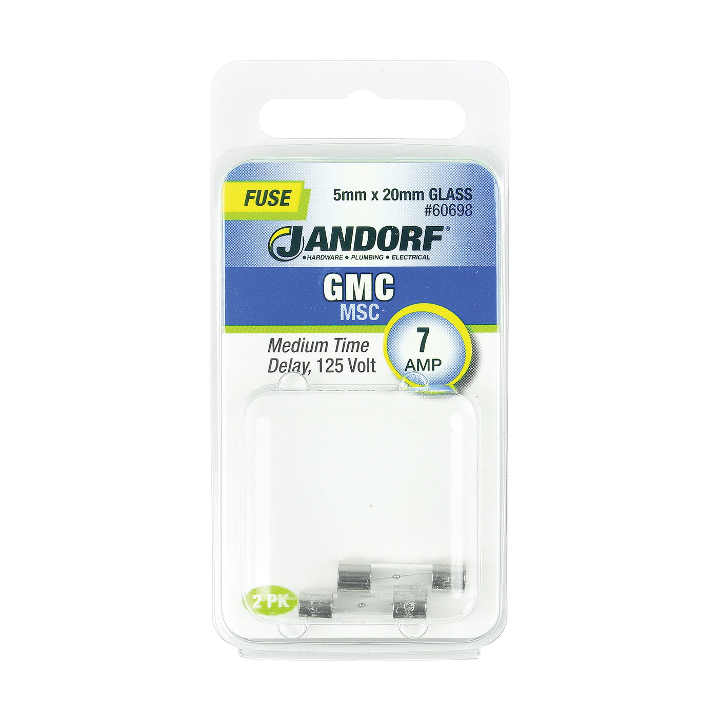 JANDORF GMC Series 60698 Time Delay Fuse, 7 A, 125 V, 10 kA Interrupt, Glass Body, Medium Time Delay Fuse