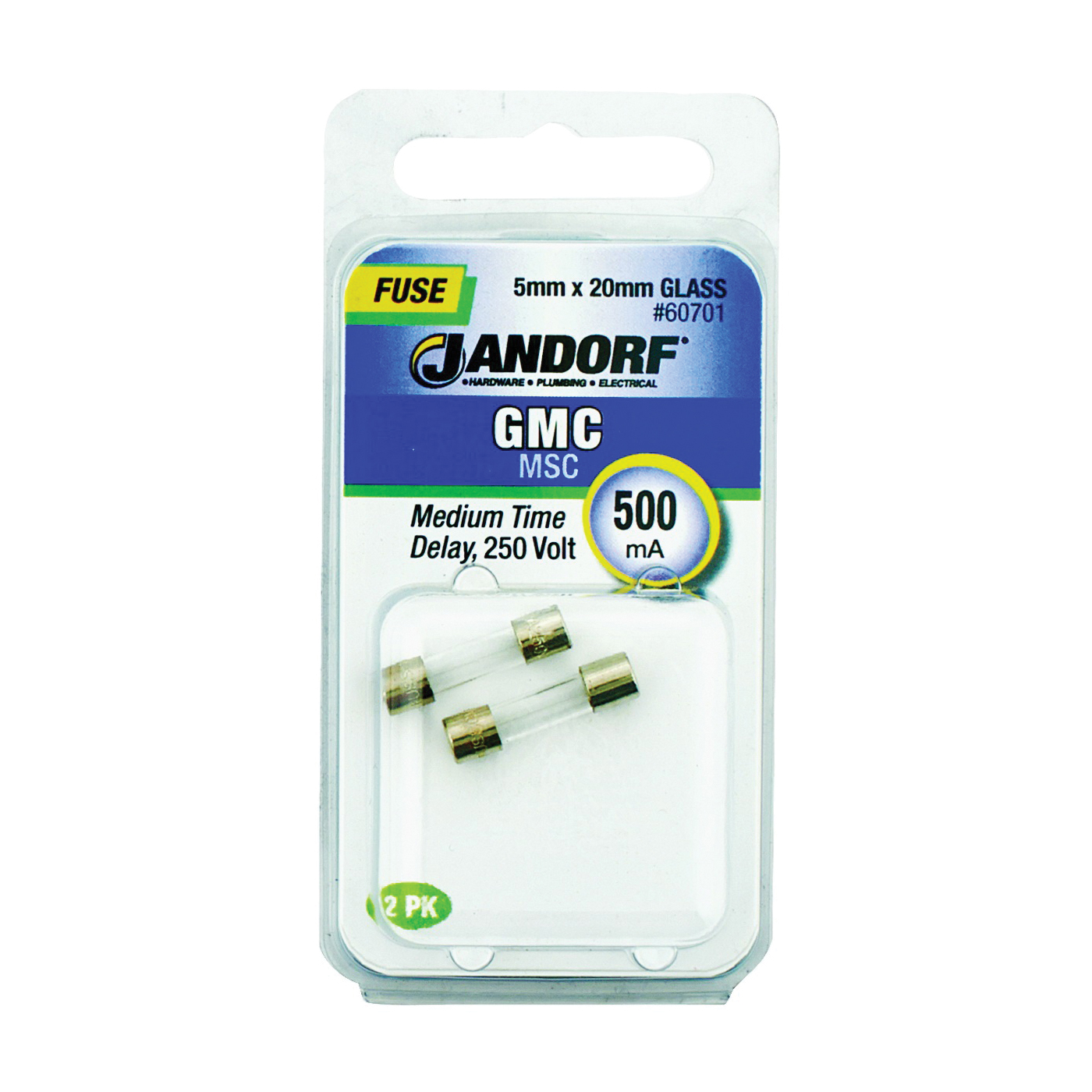 JANDORF GMC Series 60701 Time Delay Fuse, 500 mA, 250 V, 35 A, 1 kA Interrupt, Glass Body, Medium Time Delay Fuse