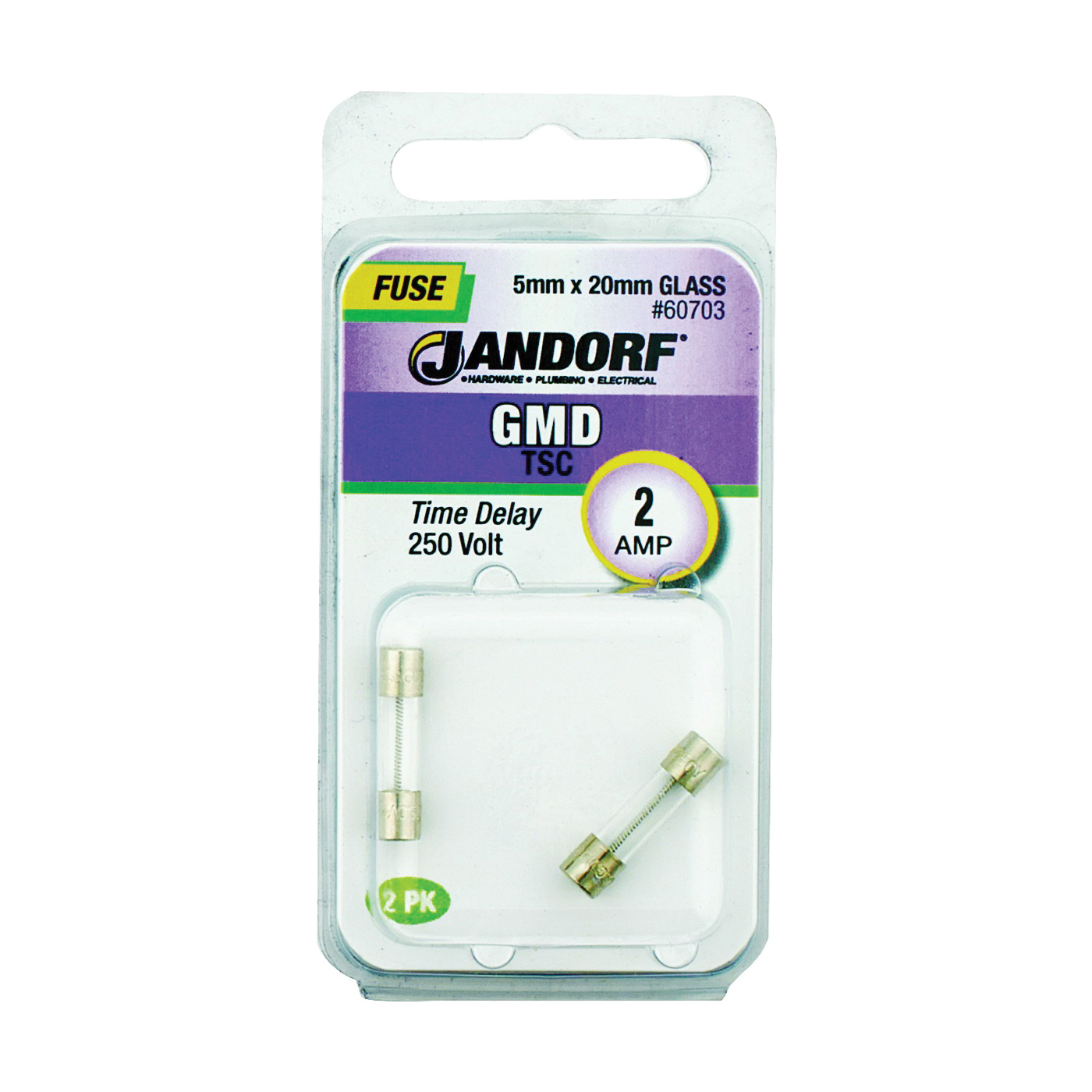 JANDORF GMD Series 60703 Time Delay Fuse, 2 A, 250 V, 100 A, 10 kA Interrupt, Glass Body, Medium Time Delay Fuse