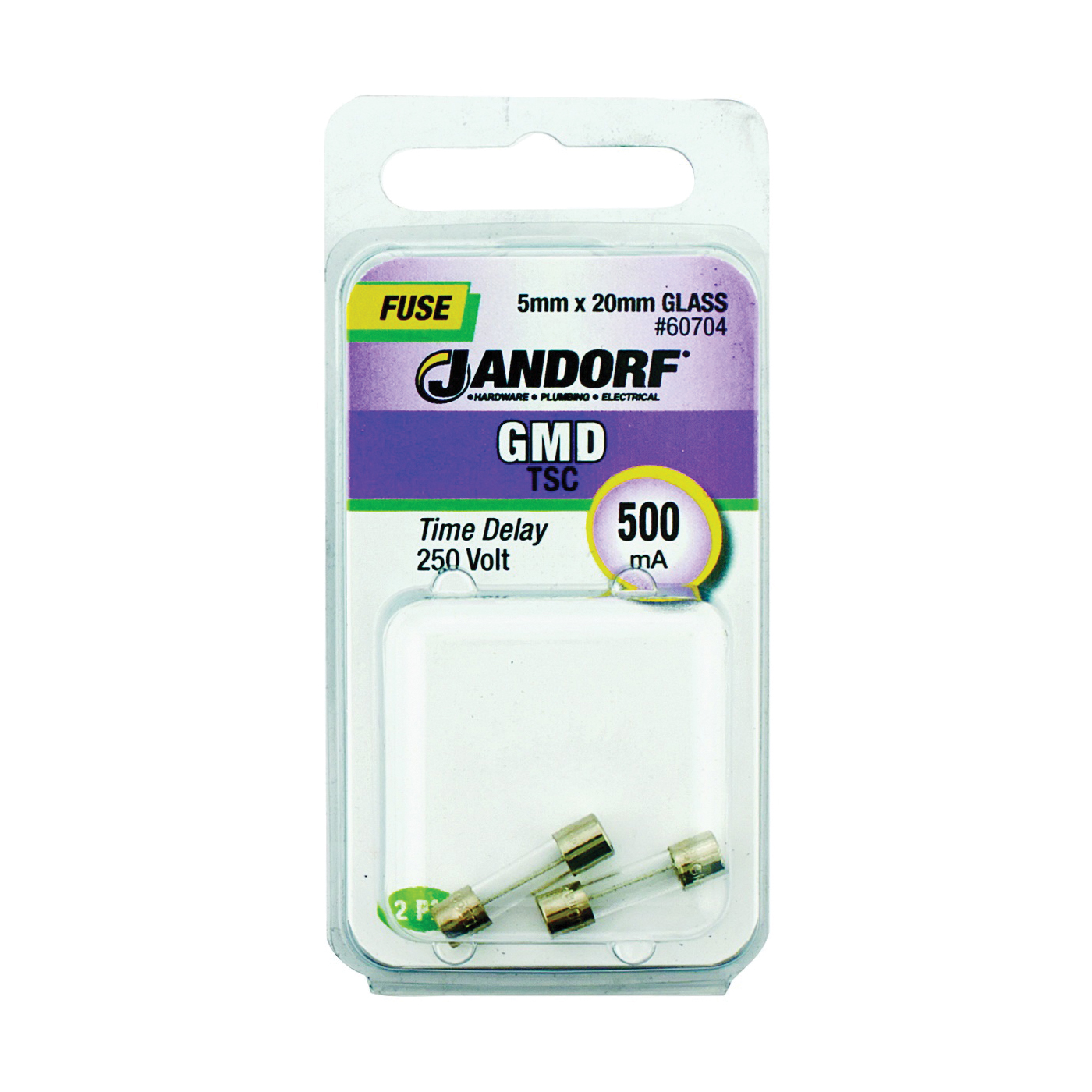 JANDORF GMD Series 60704 Time Delay Fuse, 500 mA, 250 V, 35 A, 10 kA Interrupt, Glass Body