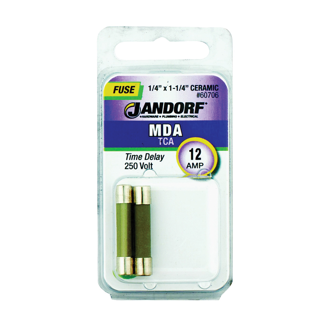 JANDORF MDA Series 60706 Time Delay Fuse, 12 A, 250 V, 750 A, 10 kA Interrupt, Ceramic Body, MDA, Time Delay Fuse