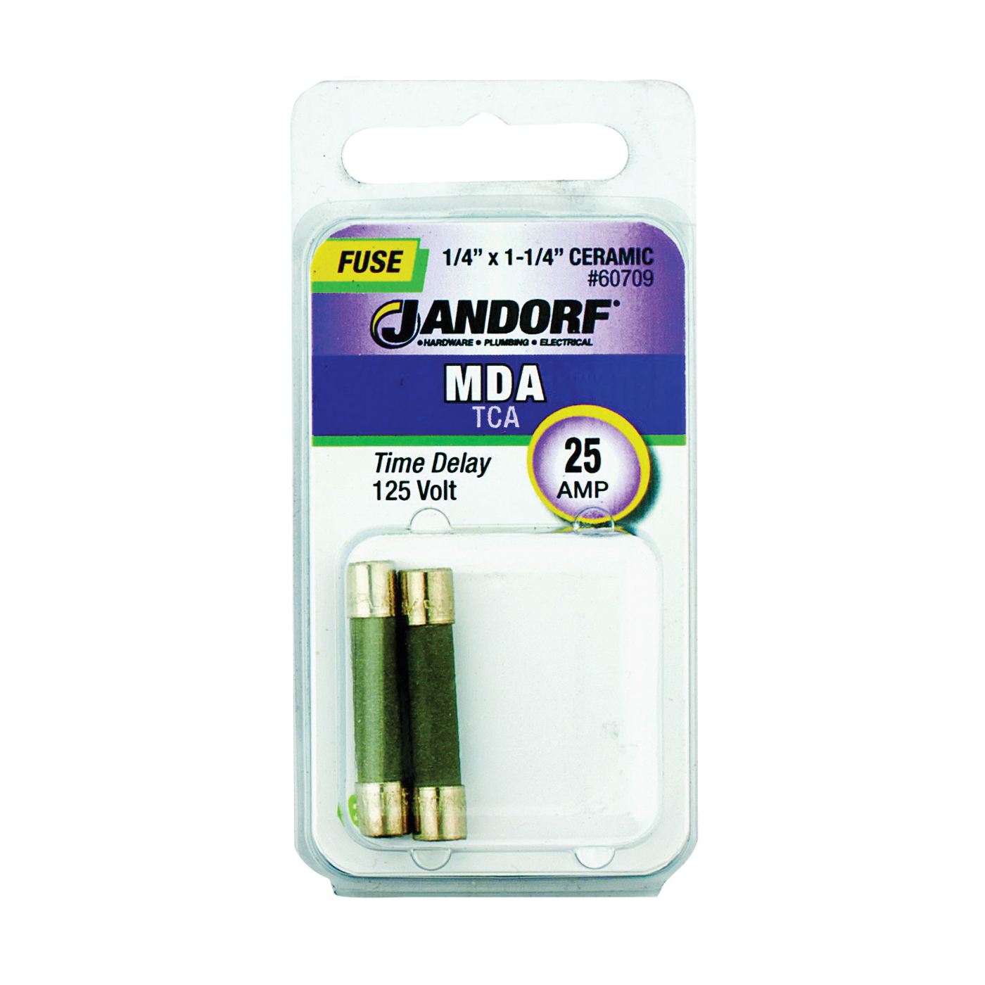 JANDORF MDA Series 60709 Time Delay Fuse, 25 A, 125 VDC, 1500 A, 10 kA Interrupt, Ceramic Body, MDA, Time Delay Fuse