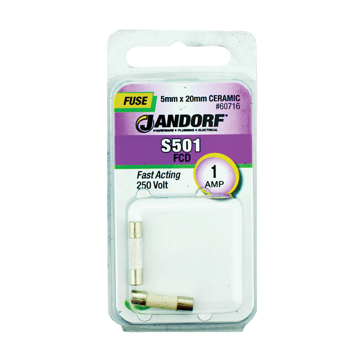 JANDORF S501 Series 60716 Fast Acting Fuse, 1 A, 250 V, 1500 A Interrupt, Ceramic Body, Fast-Acting Fuse