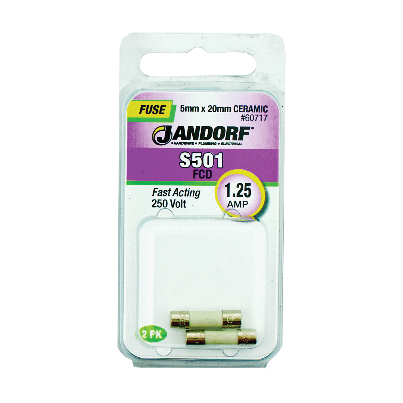 JANDORF S501 Series 60717 Fast Acting Fuse, 1.25 A, 250 V, 1500 A Interrupt, Ceramic Body, Fast-Acting Fuse