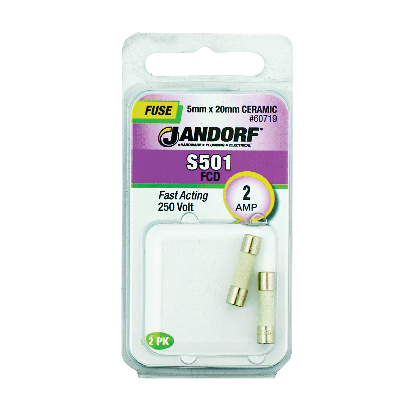 JANDORF S501 Series 60719 Fast Acting Fuse, 2 A, 250 V, 1500 A Interrupt, Ceramic Body, S501, Fast-Acting Fuse
