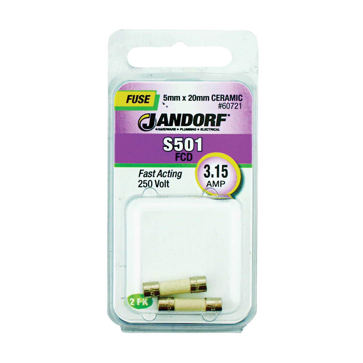 JANDORF S501 Series 60721 Fast Acting Fuse, 3.15 A, 250 V, 1500 A Interrupt, Ceramic Body, S501, Fast-Acting Fuse