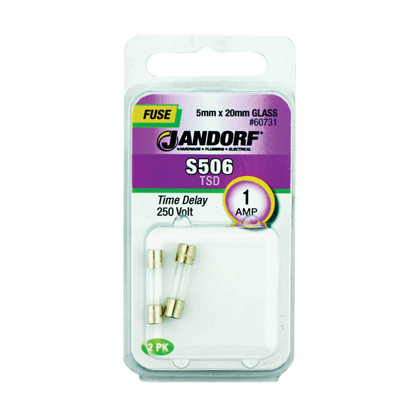 JANDORF S506 Series 60731 Time Delay Fuse, 1 A, 250 V, 35 A Interrupt, Glass Body, Time Delay Fuse