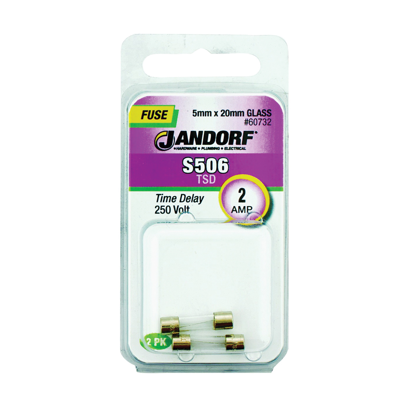 JANDORF S506 Series 60732 Time Delay Fuse, 2 A, 250 V, 35 A Interrupt, Glass Body, Time Delay Fuse