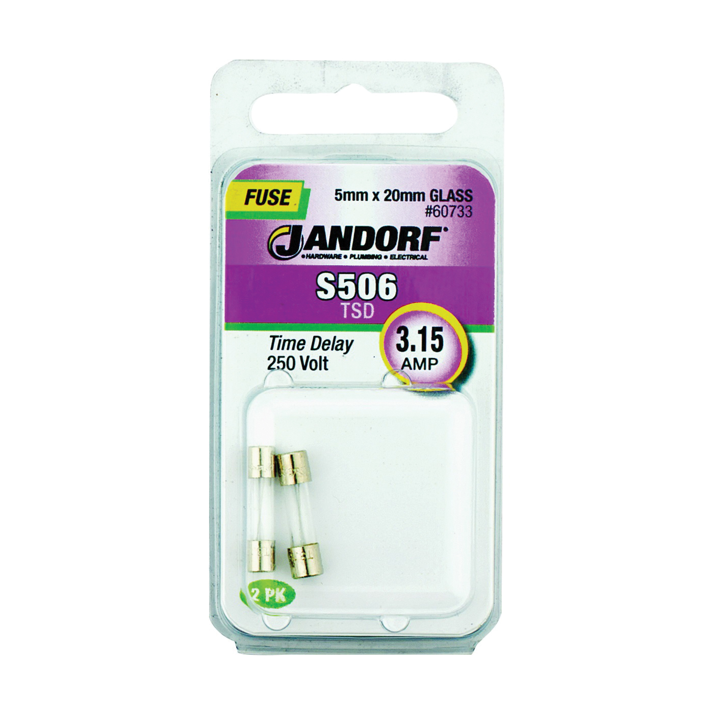 JANDORF S506 Series 60733 Time Delay Fuse, 3.15 A, 250 V, 35 A Interrupt, Glass Body, Time Delay Fuse