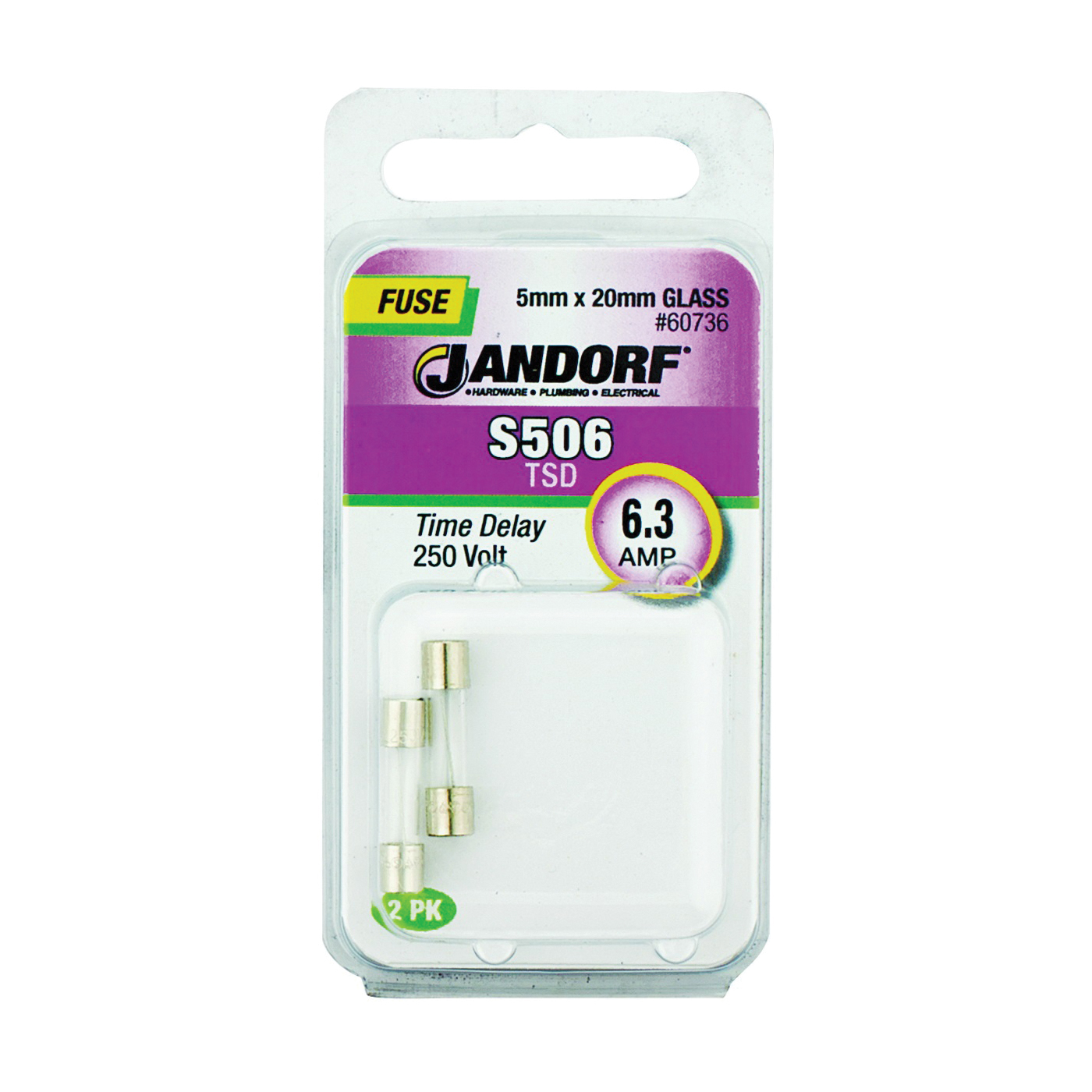 JANDORF S506 Series 60736 Time Delay Fuse, 6.3 A, 250 V, 63 A Interrupt, Glass Body, Time Delay Fuse