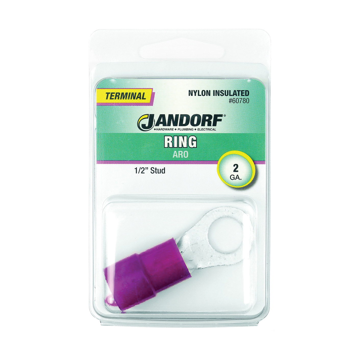 JANDORF® 60780 Ring Terminal, 2 AWG Wire, 1/2 in Stud, Nylon Insulation, Copper Contact, Red
