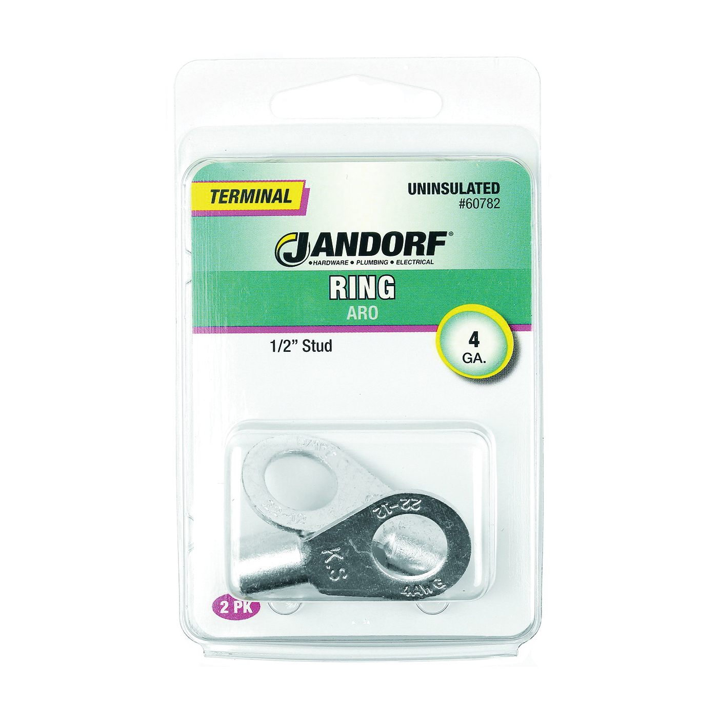 JANDORF® 60782 High-Temperature Non-Insulated Ring Terminal, 4 AWG Wire, 1/2 in Stud, Copper Contact