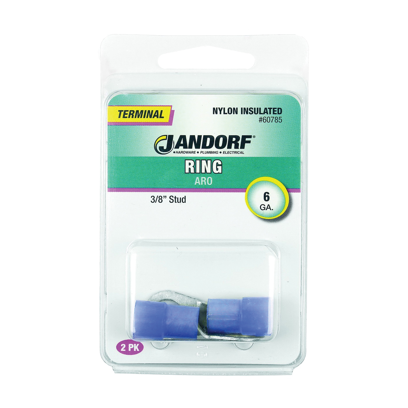 60785 Ring Terminal, 6 AWG Wire, 3/8 in Stud, Nylon Insulation, Copper Contact, Blue