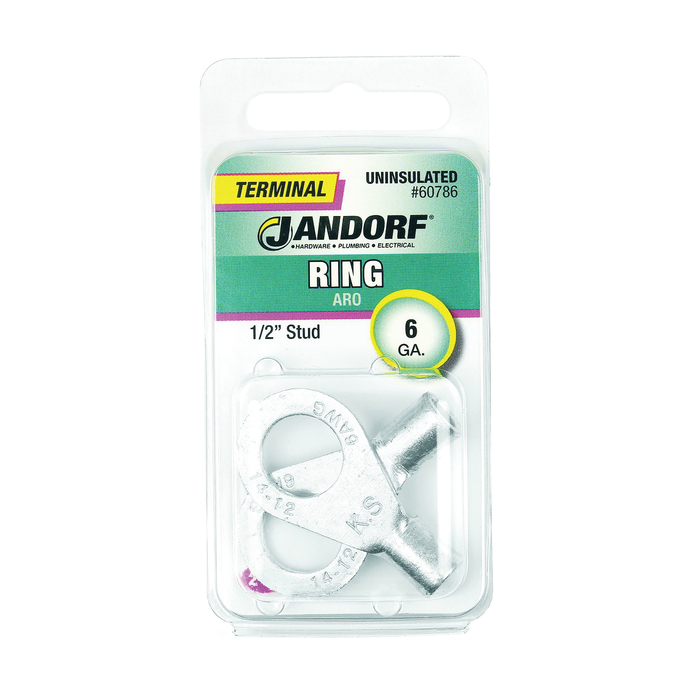 JANDORF® 60786 High-Temperature Non-Insulated Ring Terminal, 6 AWG Wire, 1/2 in Stud, Copper Contact