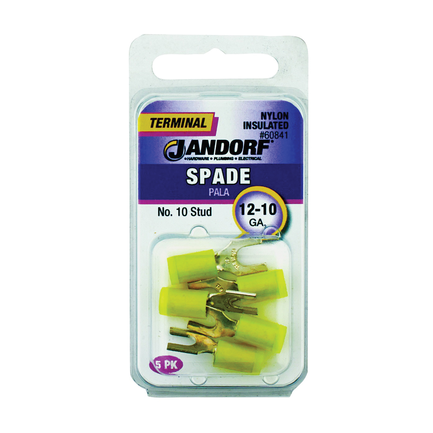 JANDORF® 60841 Spade Terminal, 600 V, 12 to 10 AWG Wire, #10 Stud, Nylon Insulation, Copper Contact, Yellow