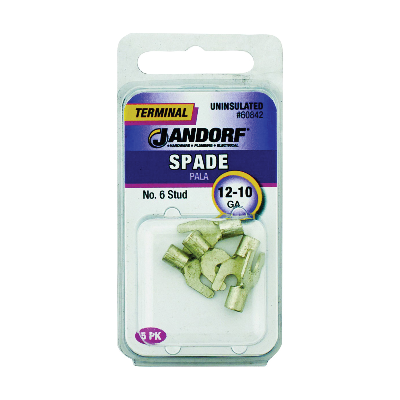 JANDORF® 60842 Non-Insulated Spade Terminal, 600 V, 12 to 10 AWG Wire, #6 Stud, Copper Contact