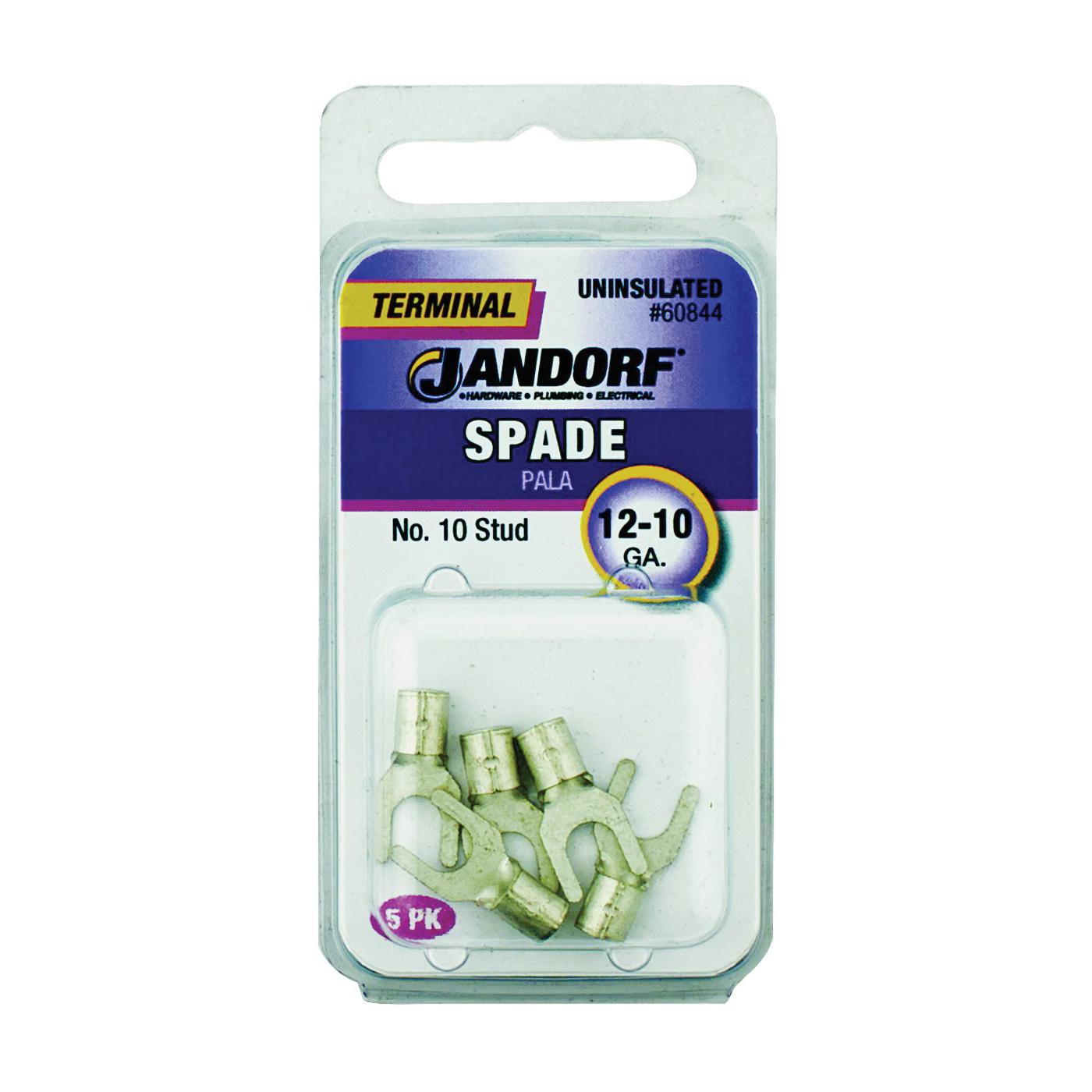 JANDORF® 60844 Non-Insulated Spade Terminal, 600 V, 12 to 10 AWG Wire, #10 Stud, Copper Contact