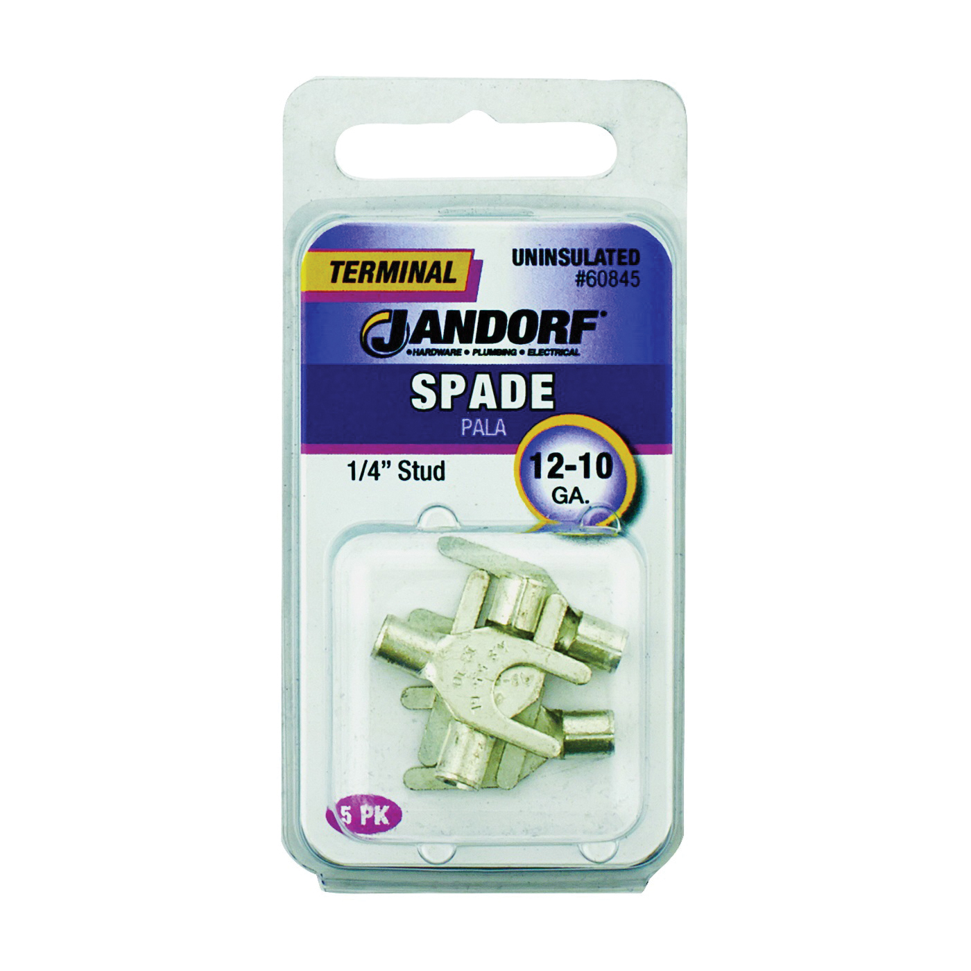 JANDORF® 60845 Non-Insulated Spade Terminal, 600 V, 12 to 10 AWG Wire, 1/4 in Stud, Copper Contact