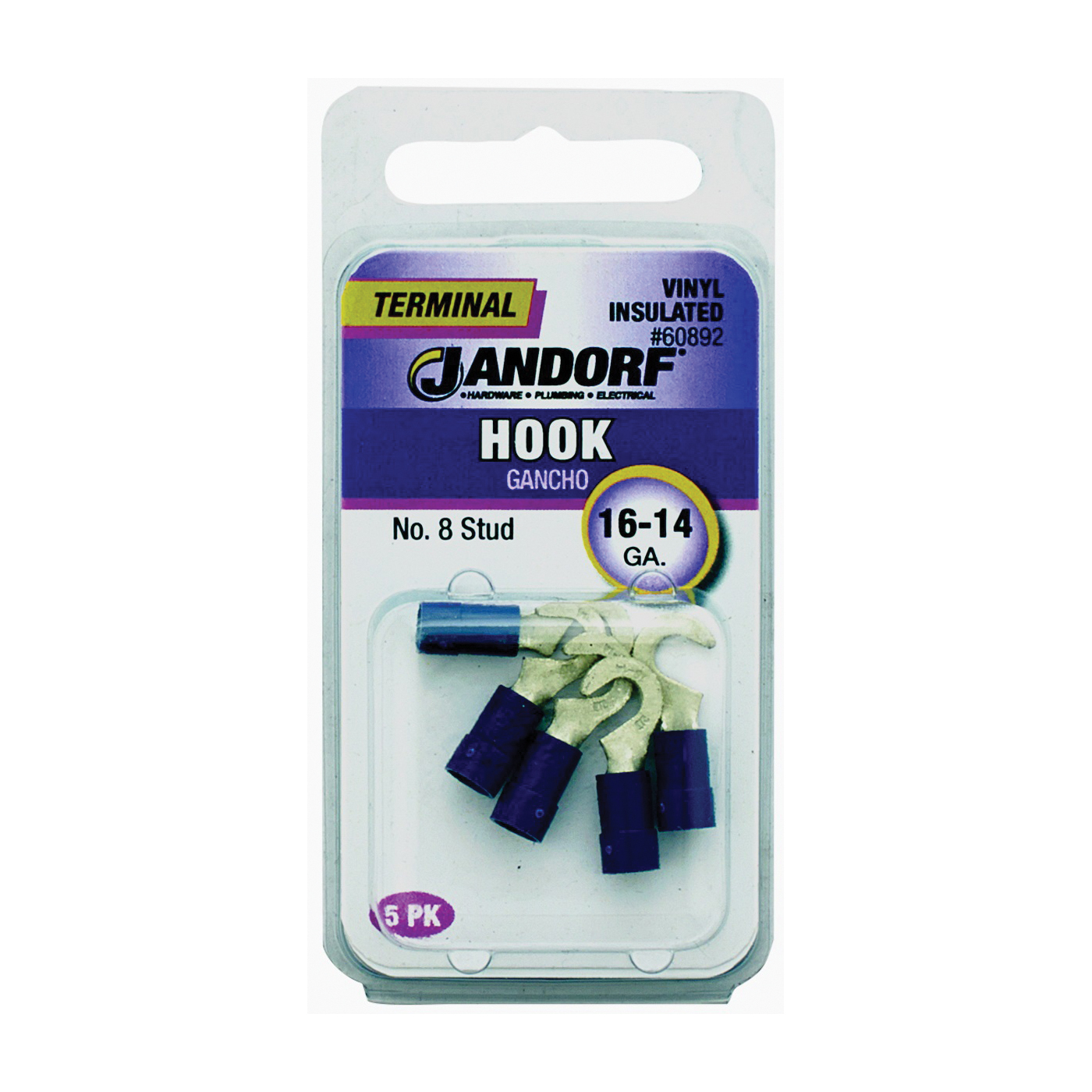 JANDORF® 60892 Hook Terminal, 16 to 14 AWG Wire, #8 Stud, Vinyl Insulation, Copper Contact, Blue