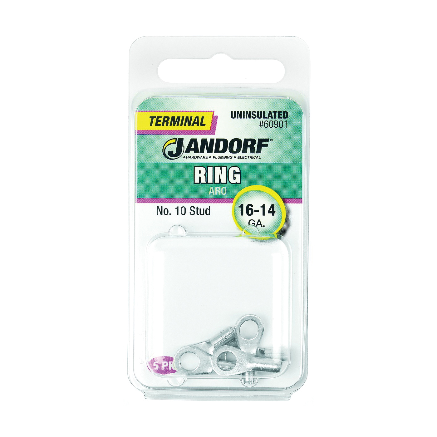 JANDORF® 60901 High-Temperature Non-Insulated Ring Terminal, 16 to 14 AWG Wire, #10 Stud, Copper Contact