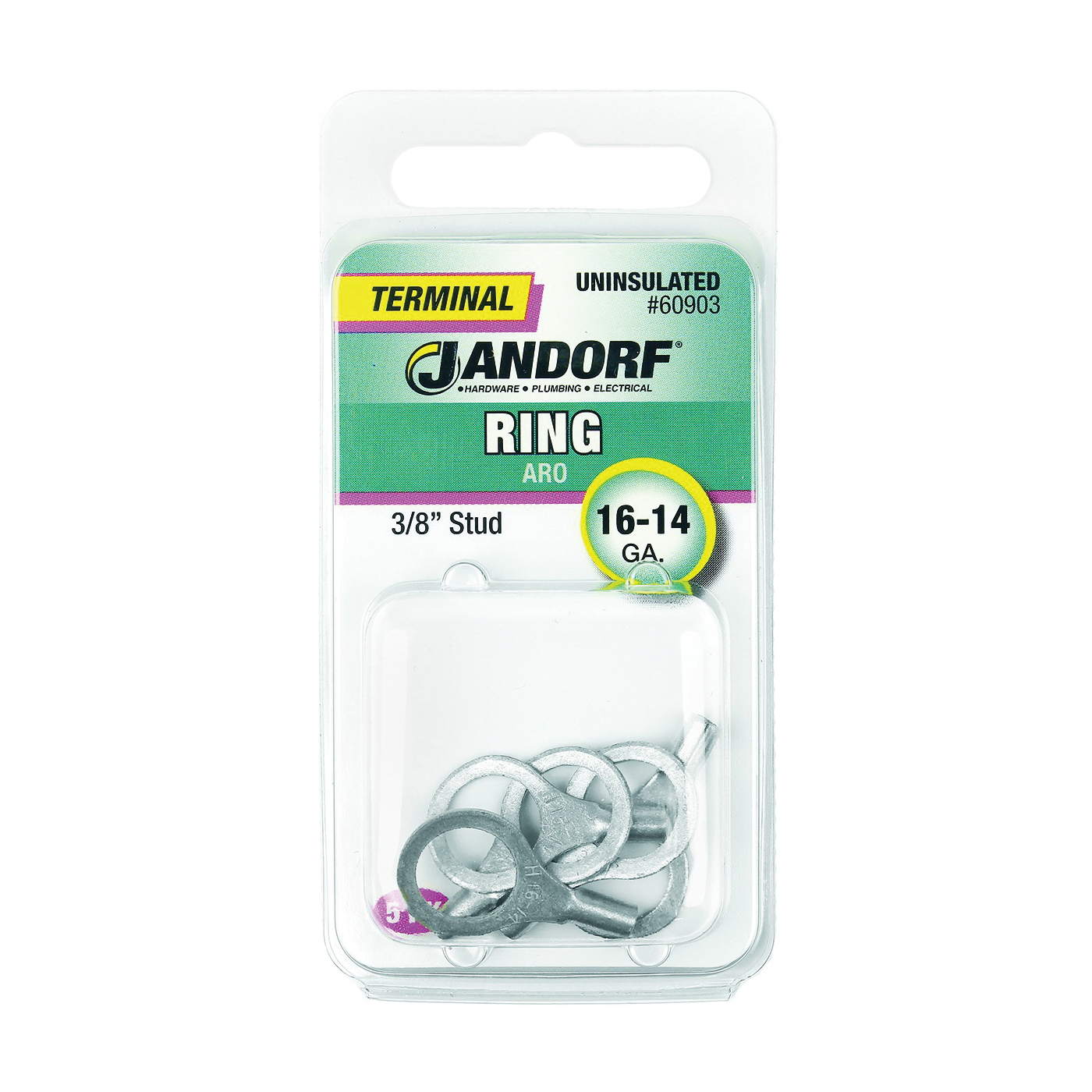 JANDORF® 60903 High-Temperature Non-Insulated Ring Terminal, 16 to 14 AWG Wire, 3/8 in Stud, Copper Contact