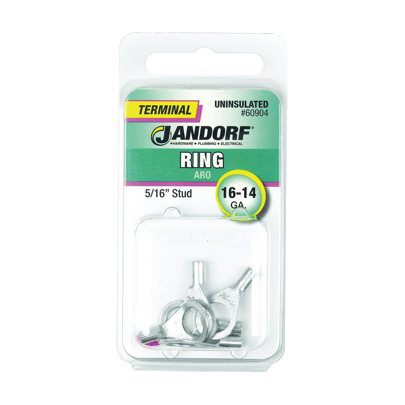 JANDORF® 60904 High-Temperature Non-Insulated Ring Terminal, 16 to 14 AWG Wire, 5/16 in Stud, Copper Contact