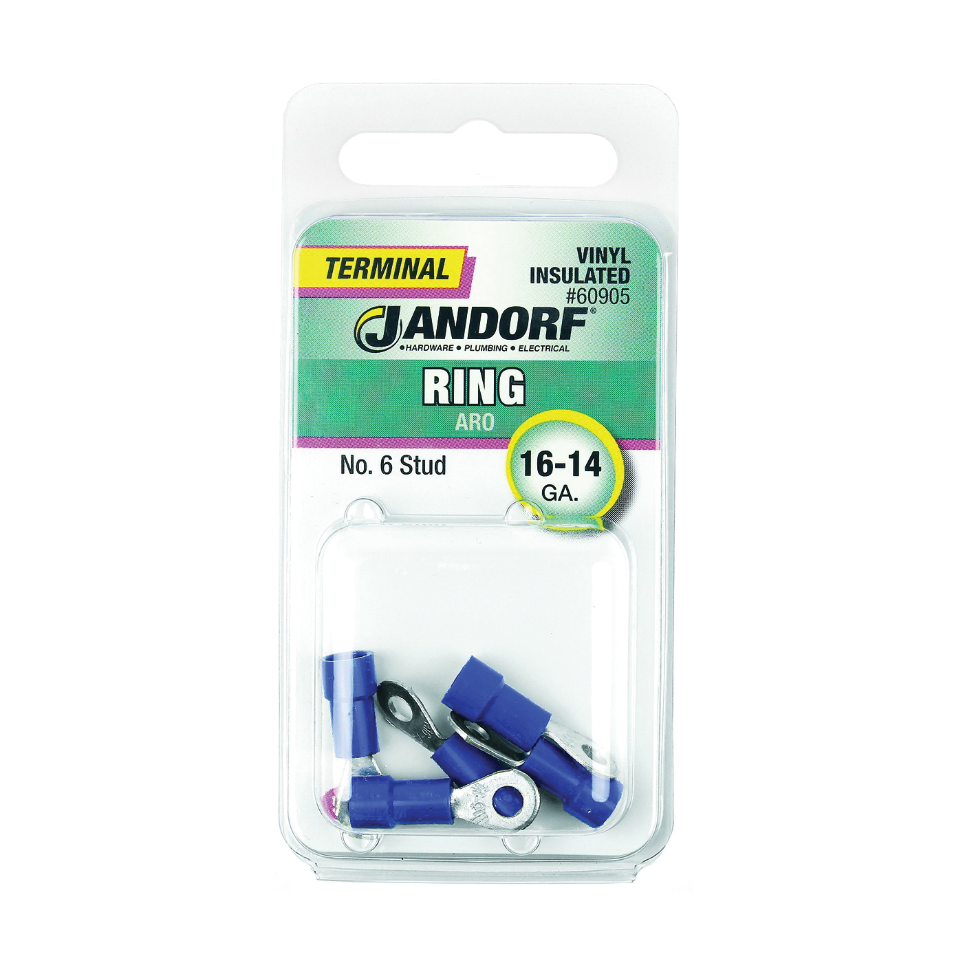 JANDORF® 60905 Ring Terminal, 16 to 14 AWG Wire, #6 Stud, Vinyl Insulation, Copper Contact, Blue